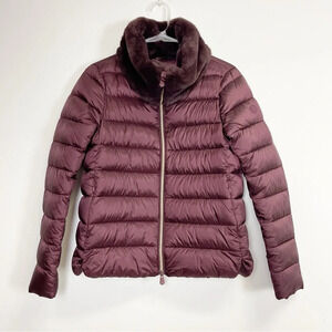 NEW Save The Duck Coat Womens Small Mei Puffer Jacket Burgundy Faux Fur Collar